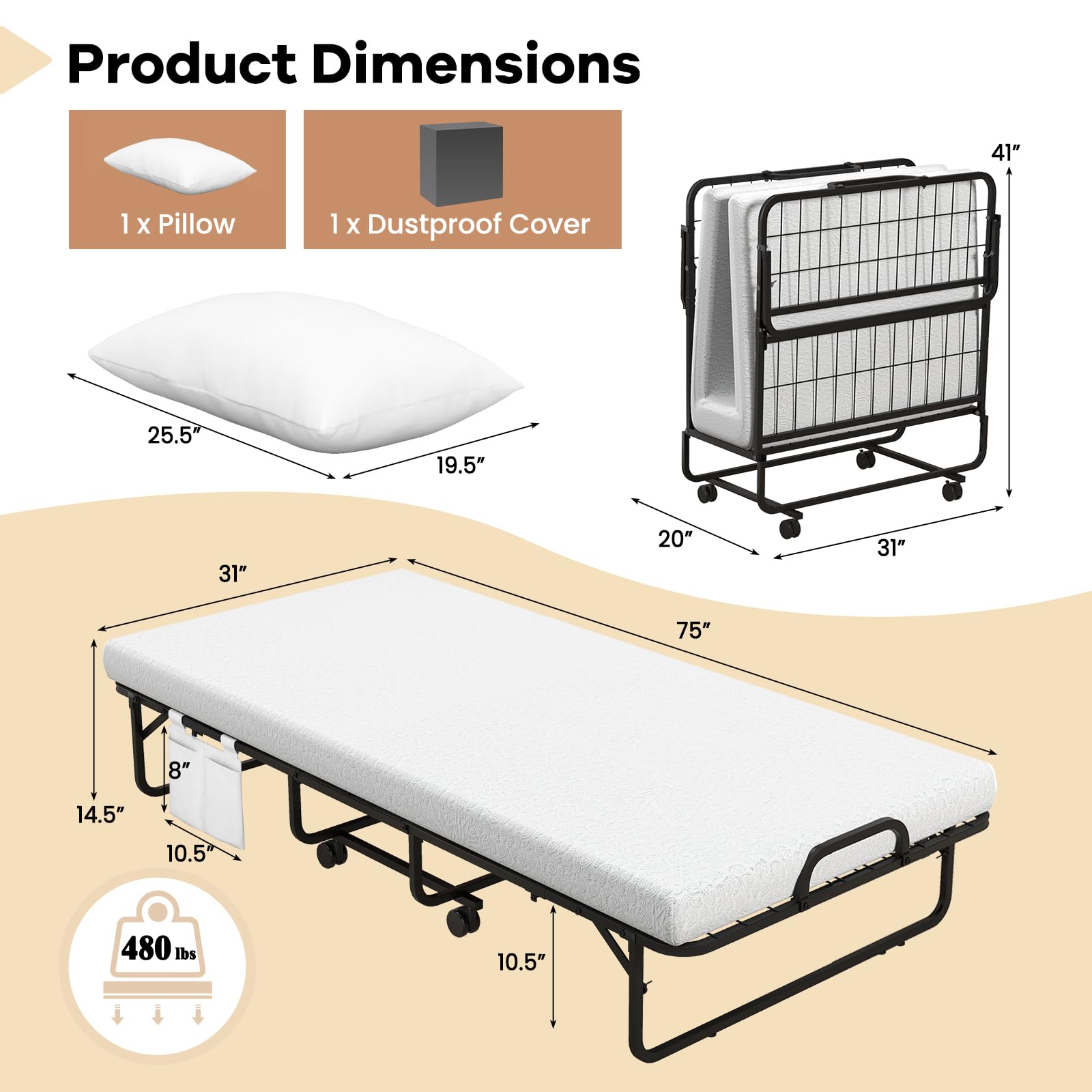 Giantex Folding Bed with Mattress and Top Pillow, Cot Portable Guest Bed w/Metal Frame, 75" x 31"