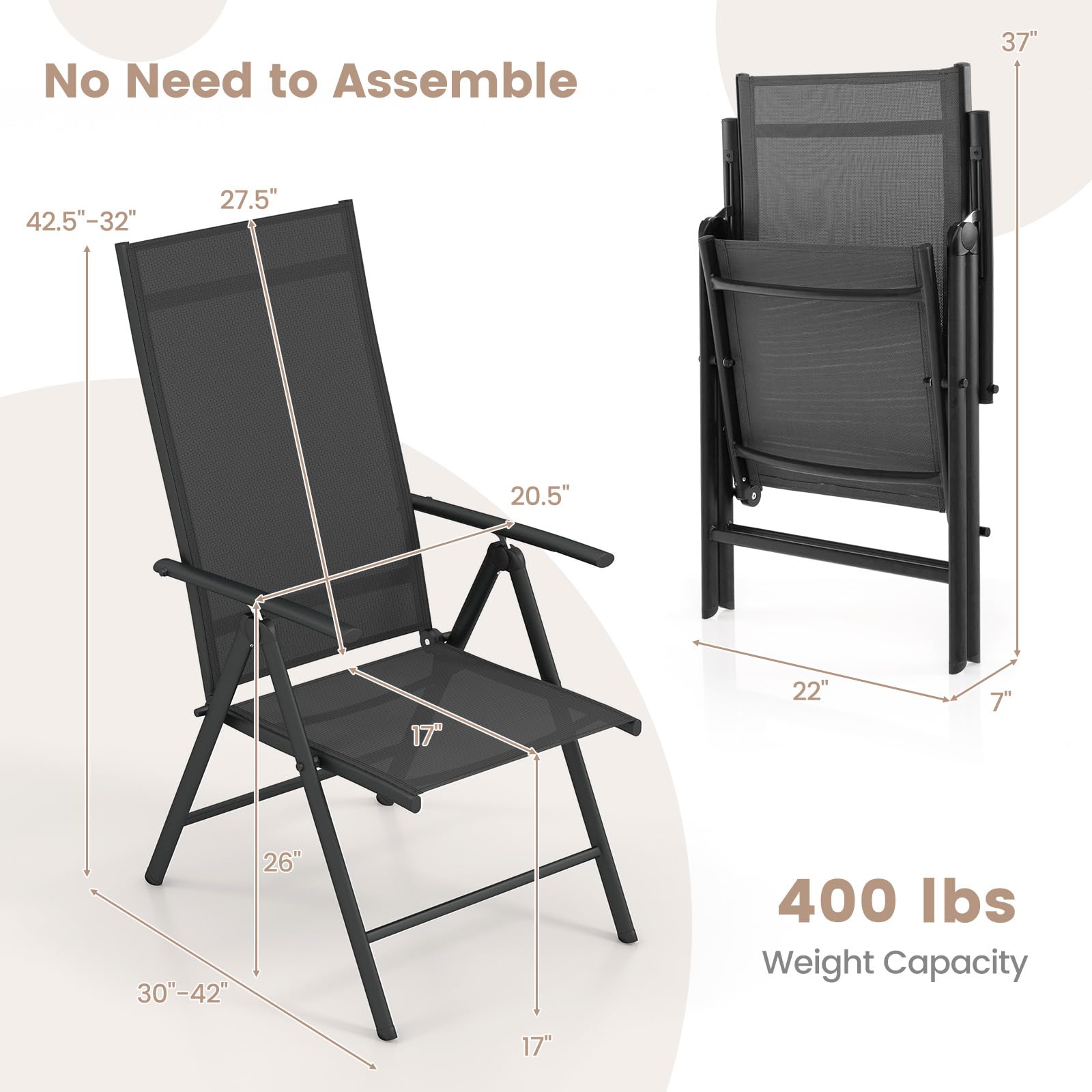 Giantex Folding Patio Chairs, High Back Outdoor Chairs with 7-Level Adjustable High Backrest