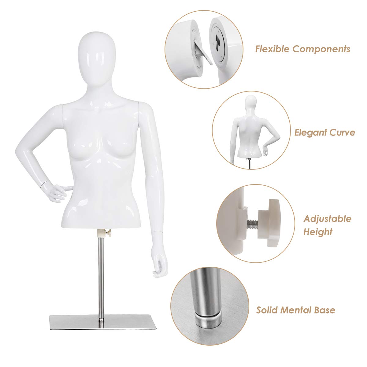 Female Mannequin Torso Adjustable Height Detachable Arms Dress Form - Giantex