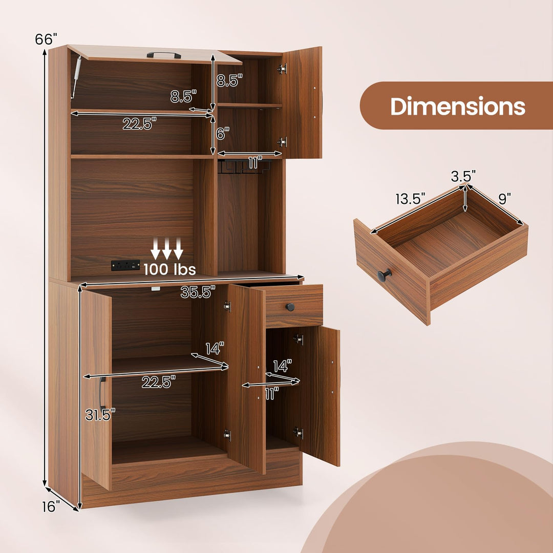 Giantex 66" Kitchen Pantry Cabinet with Charging Station for Dining Room Living Room