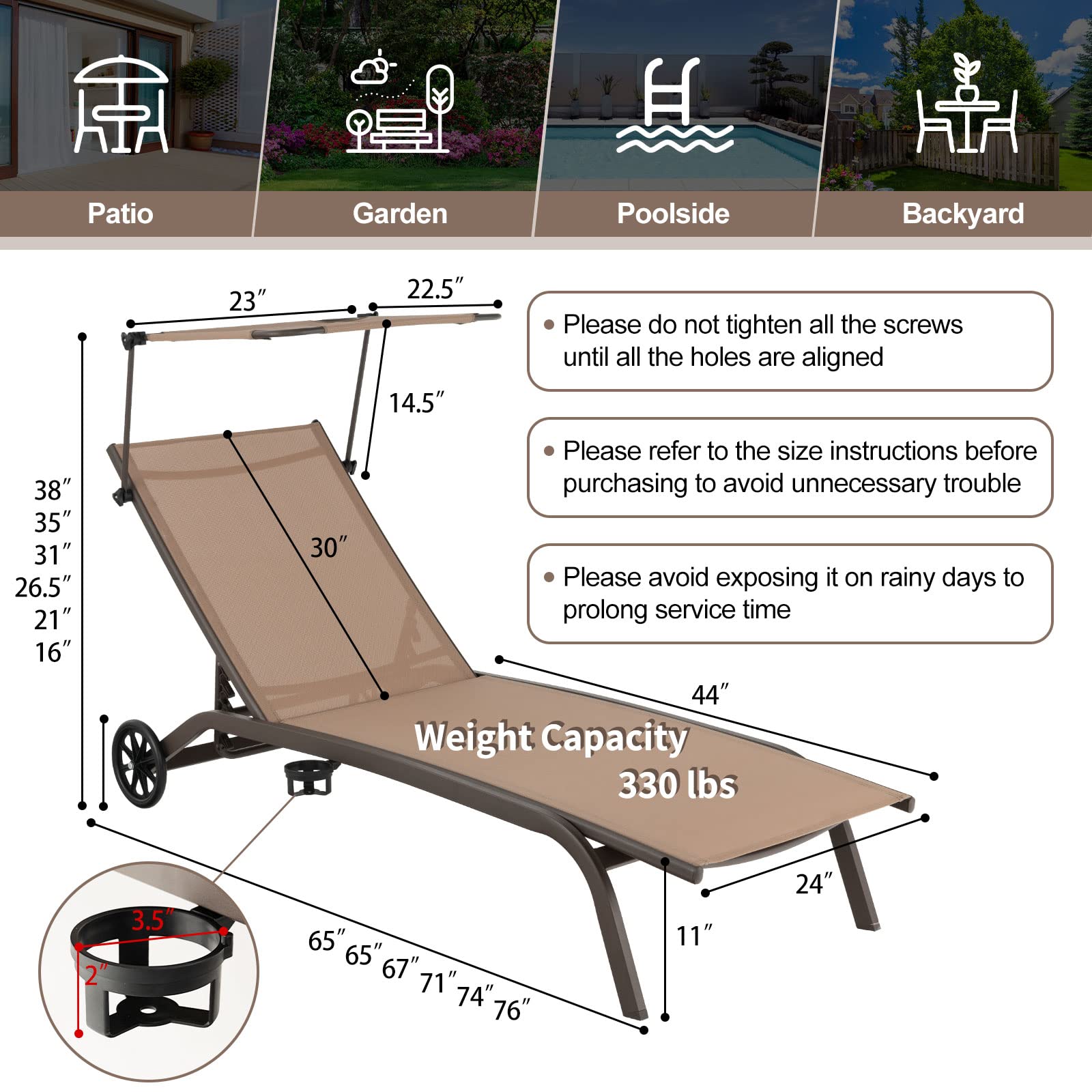 Giantex Outdoor Chaise Lounge Chair, Tanning Chair with Sunshade and Smooth Wheels, 6-Level Adjustable Position