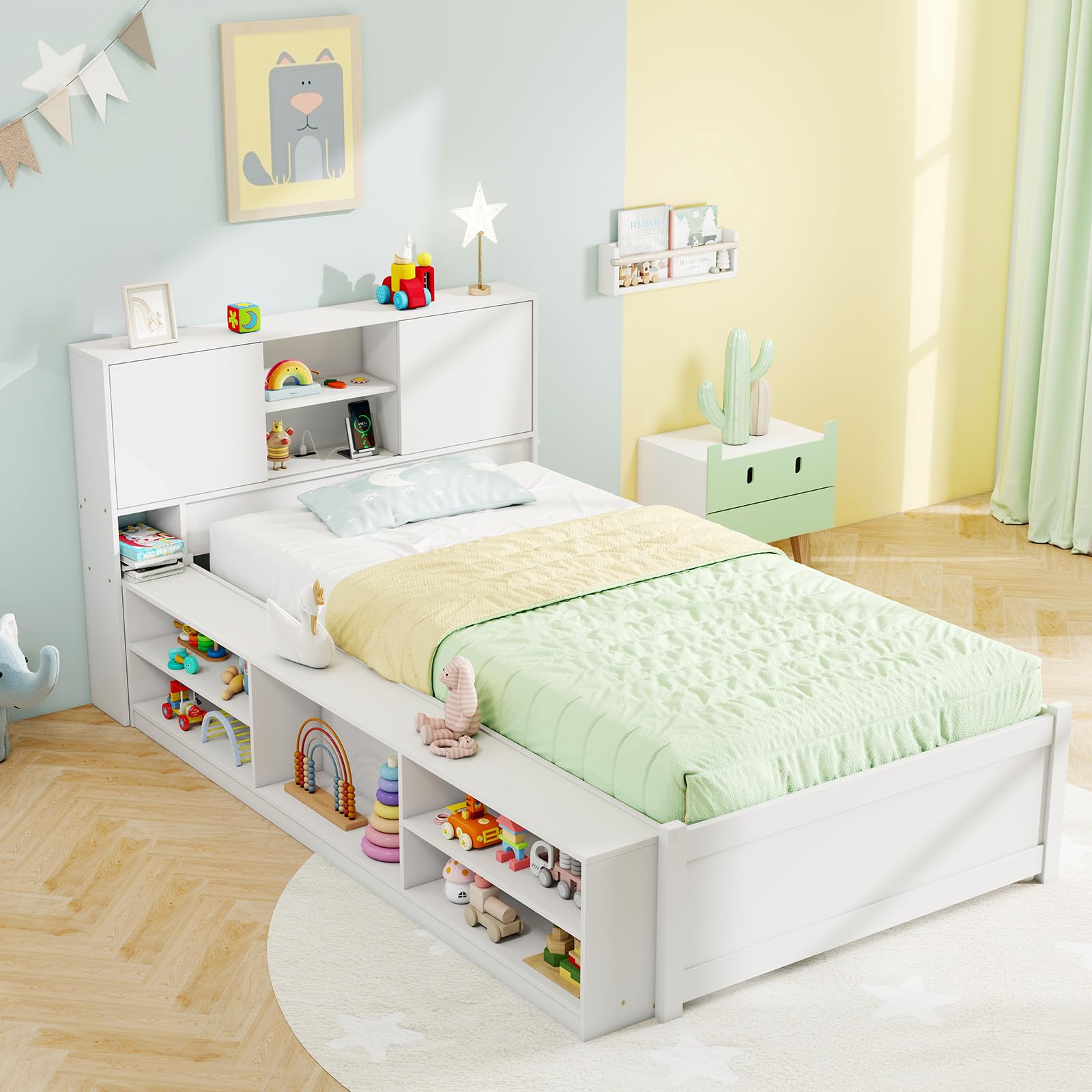 Giantex White Twin Size Bed Frame with Trundle and Bookcase Headboard
