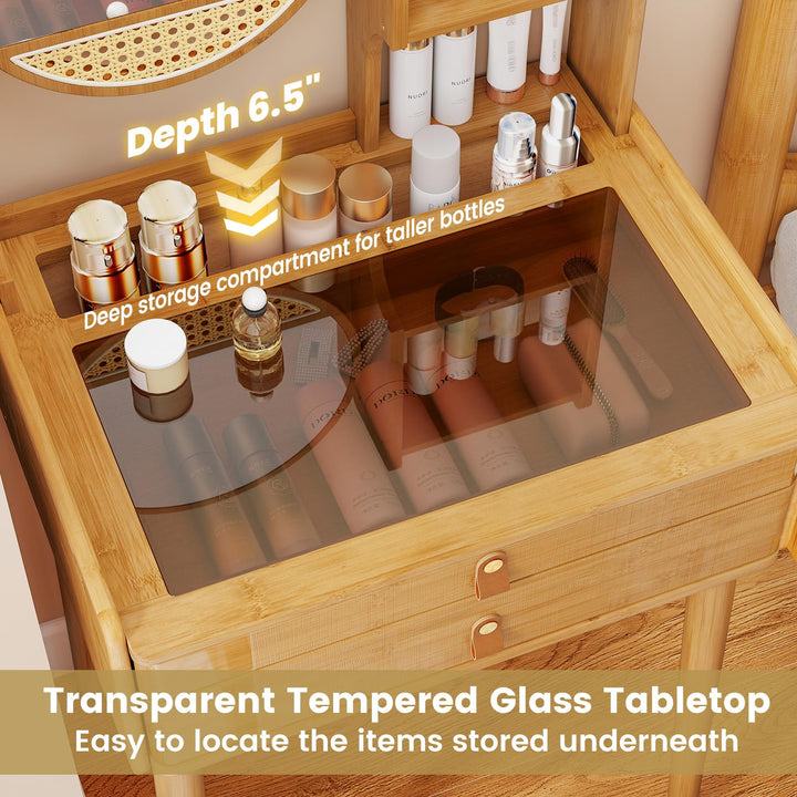 CHARMAID Small Vanity Desk with Mirror Glass Top Bamboo Makeup Vanity Table