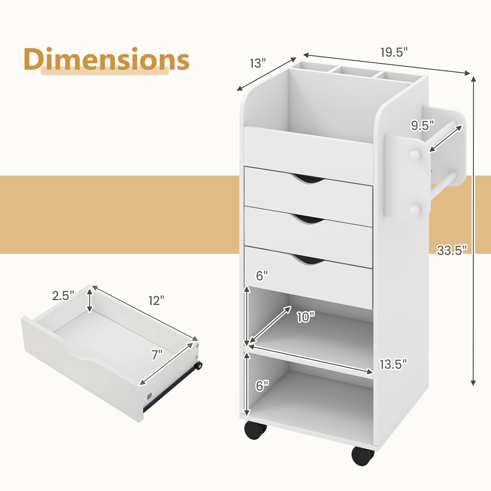 Giantex Craft Storage Cart - Utility Organizer Cart with 3 Drawers, 3 Shelves (White)