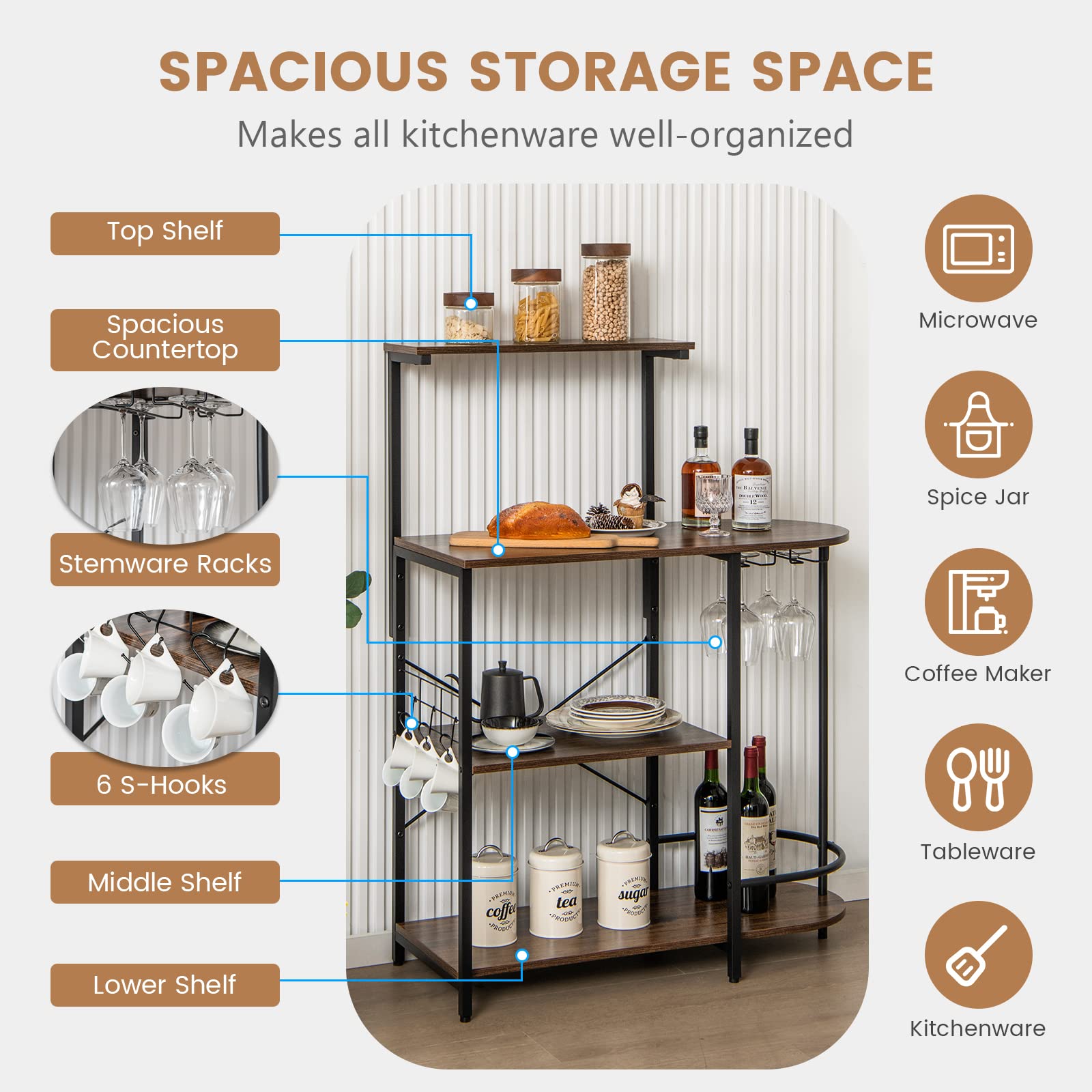 Giantex Kitchen Bakers Rack, 4-Tier Microwave Stand with 6 Hooks & Stemware Racks (Rustic Brown)