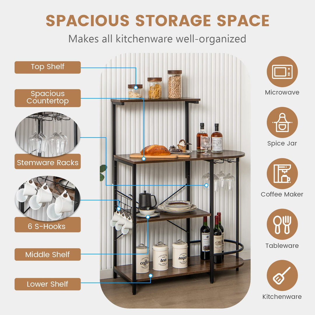Giantex Kitchen Bakers Rack, 4-Tier Microwave Stand with 6 Hooks & Stemware Racks (Rustic Brown)