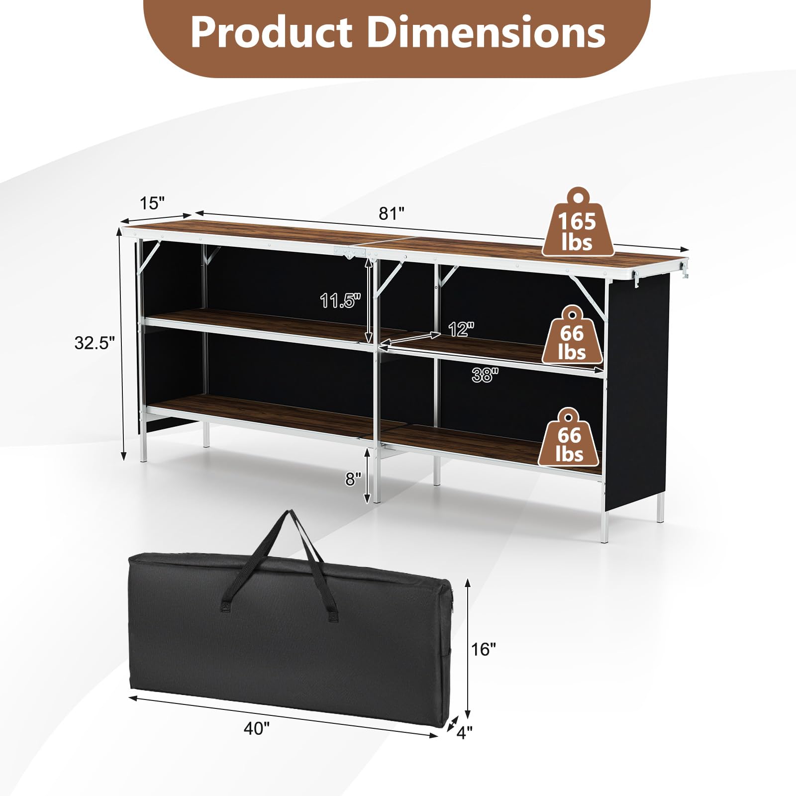 Giantex Extra Long Portable Bar Table with 2 Tier Storage Shelves