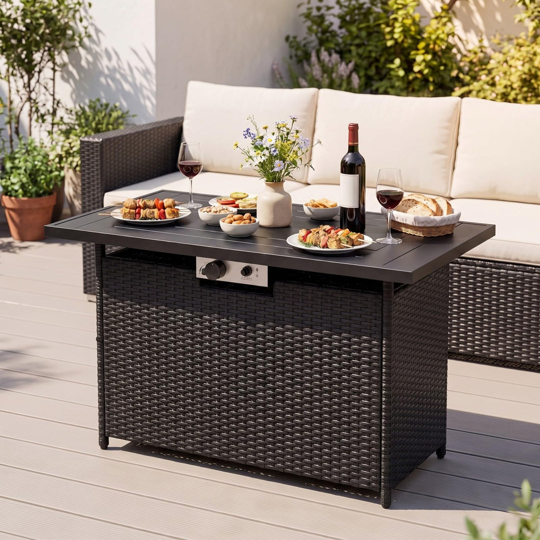 Giantex 42 Inch Propane Fire Pit Table | 50,000 BTU Wicker Gas Fire Table with Removable Lid