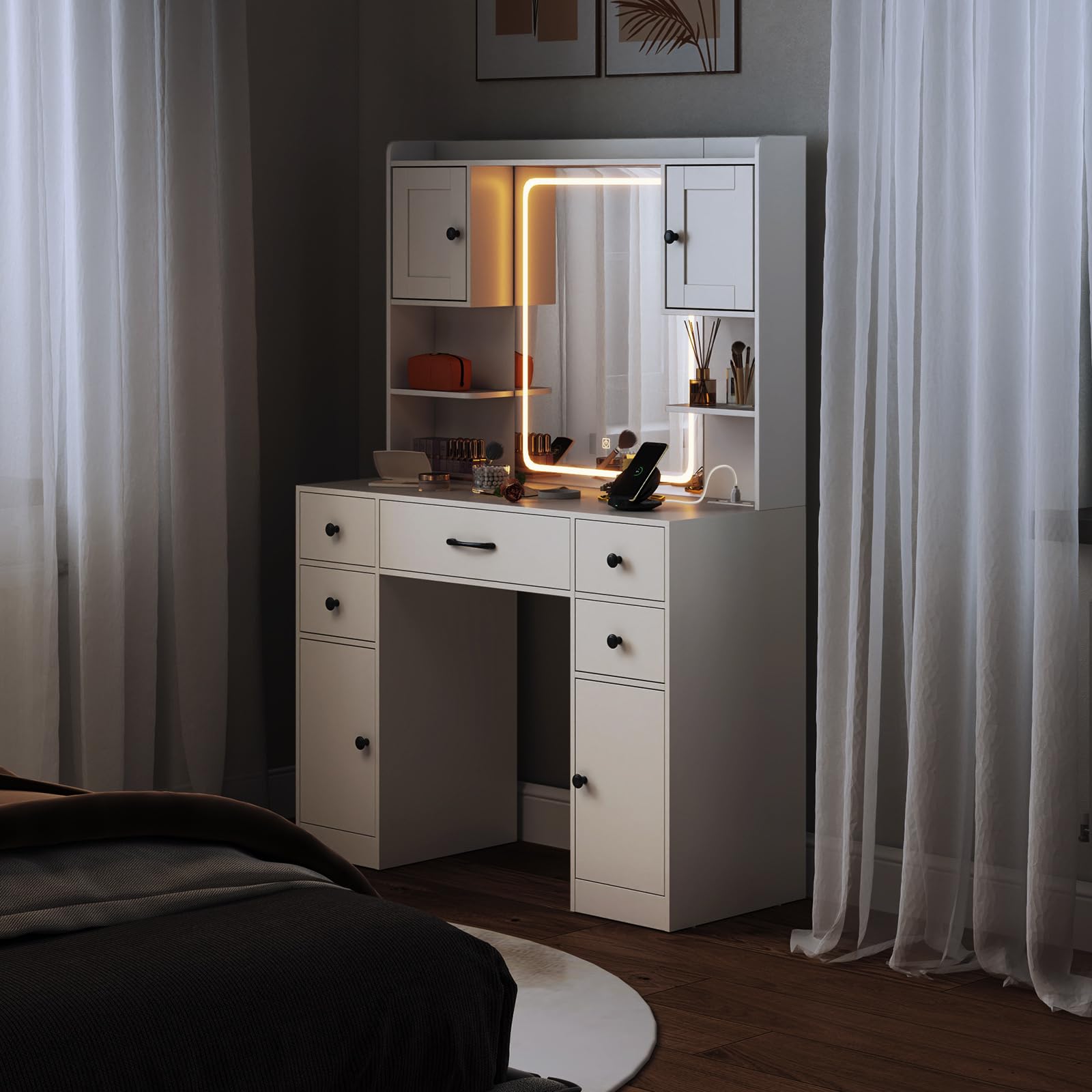 CHARMAID Vanity Desk with Mirror and Lights, White Makeup Vanity Desk with 5 Drawers