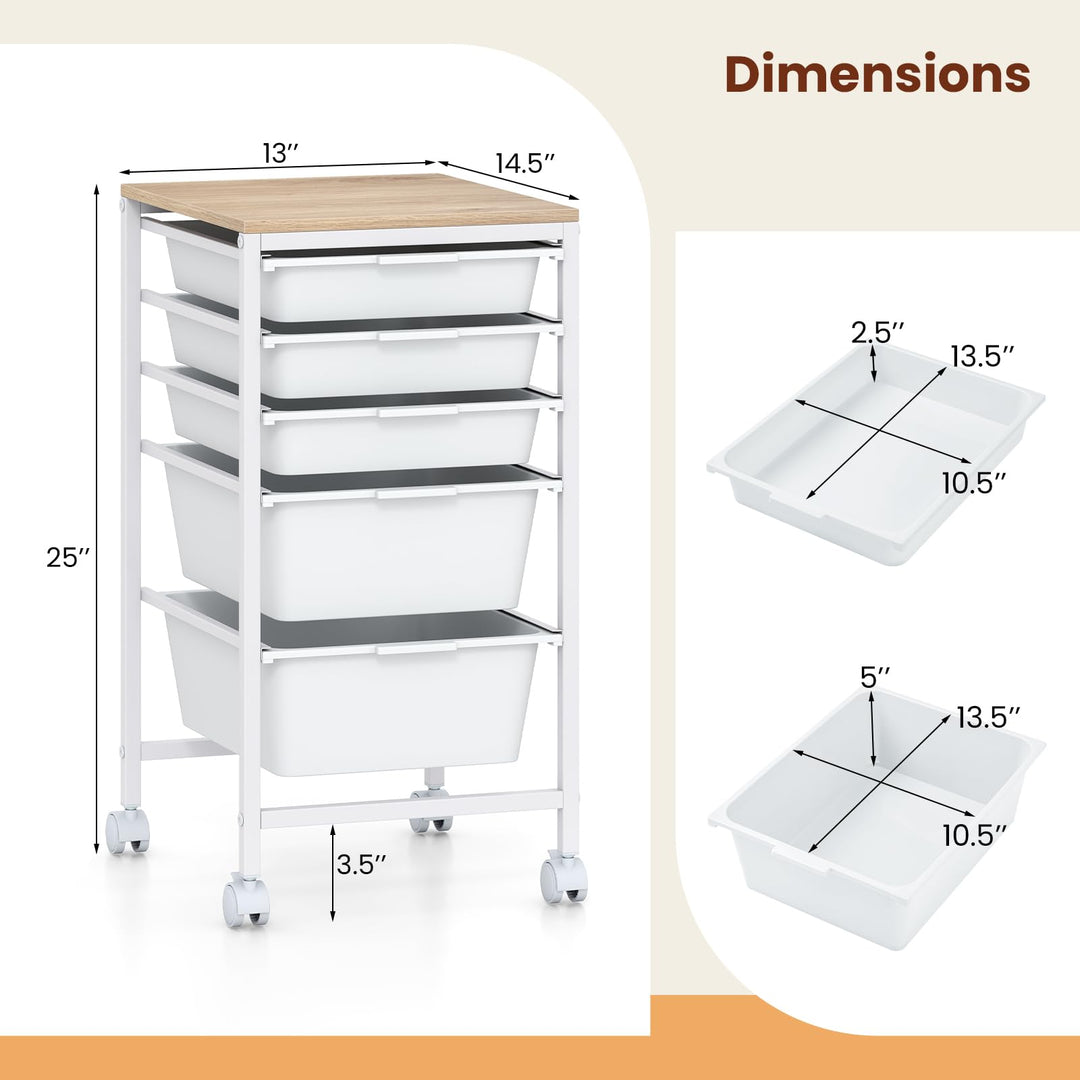 Giantex 5-Drawer Rolling Storage Cart Mobile Utility Organizer with Wooden Tabletop and Lockable Wheels