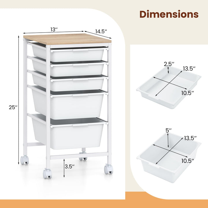 Giantex 5-Drawer Rolling Storage Cart Mobile Utility Organizer with Wooden Tabletop and Lockable Wheels