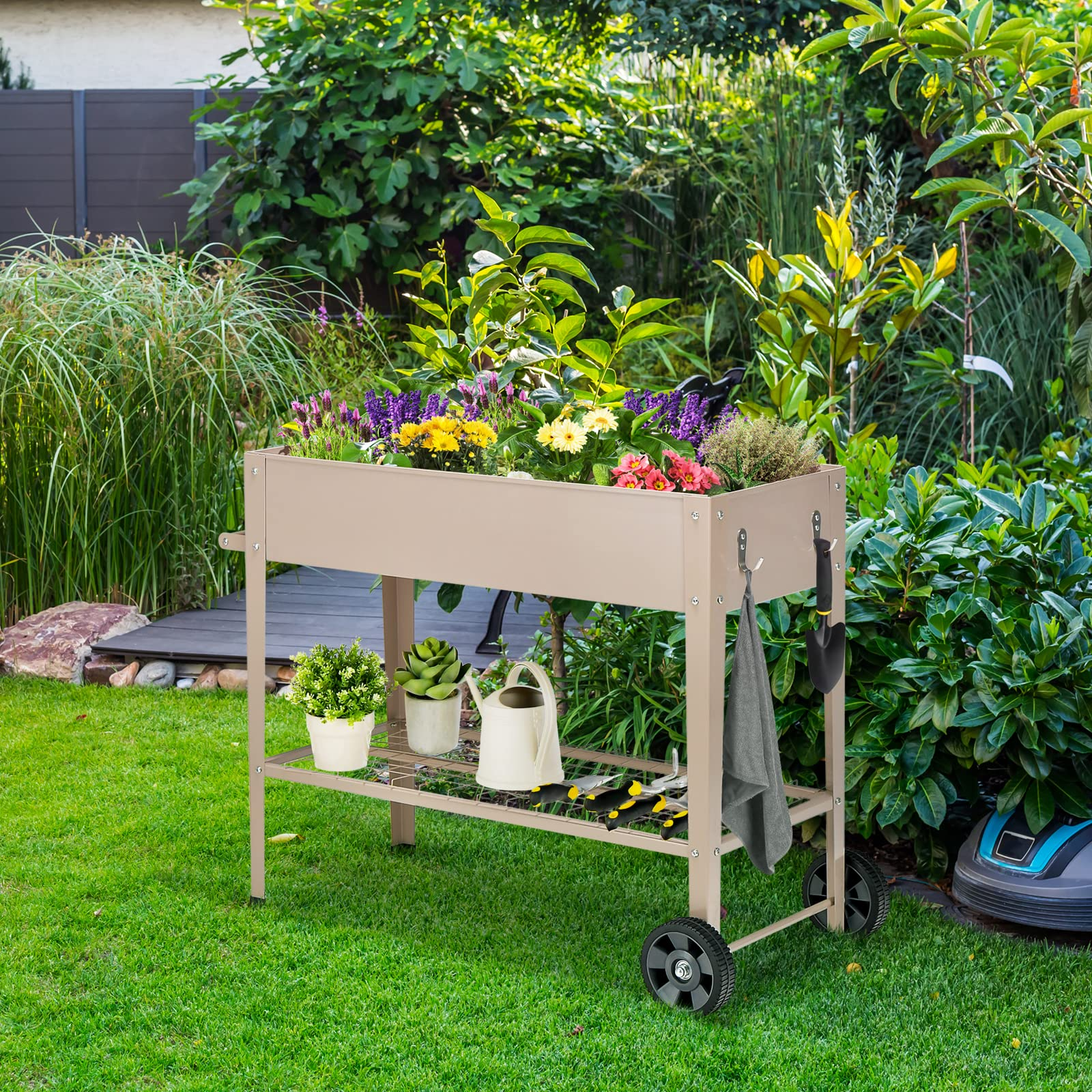 Giantex Raised Garden Bed with Legs, Metal Planter Box with Wheels, Storage Shelf (Light Brown)