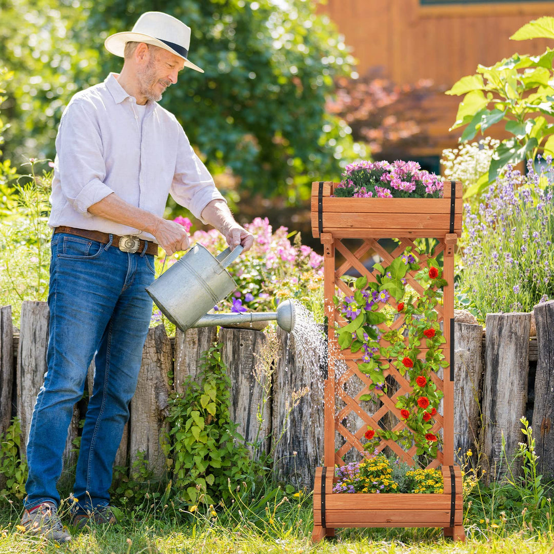 Giantex Raised Garden Bed with 2 Barrel Planters & Trellis