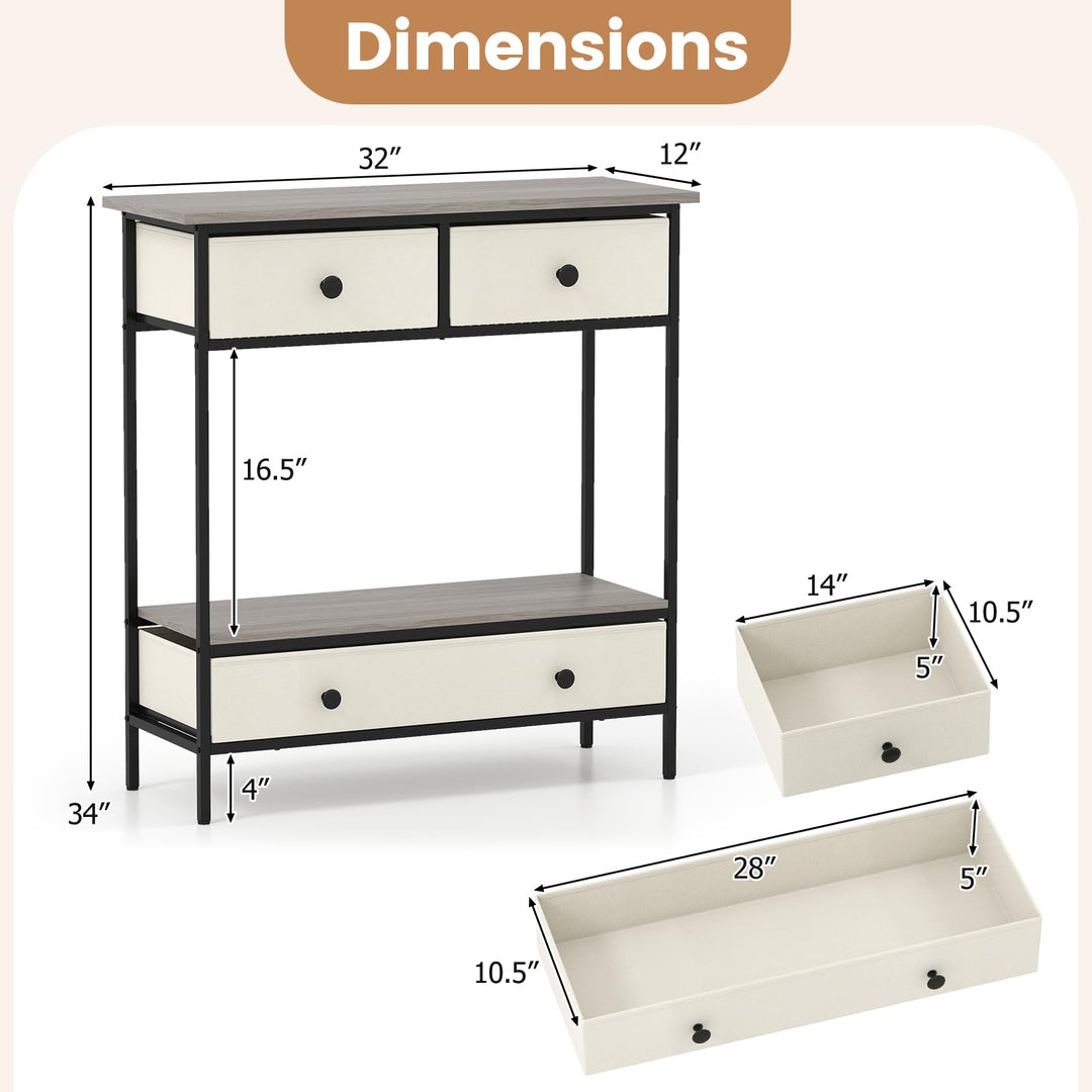Giantex Farmhouse Console Table 32” Entryway Table with 3 Fabric Drawers & Open Storage Shelf