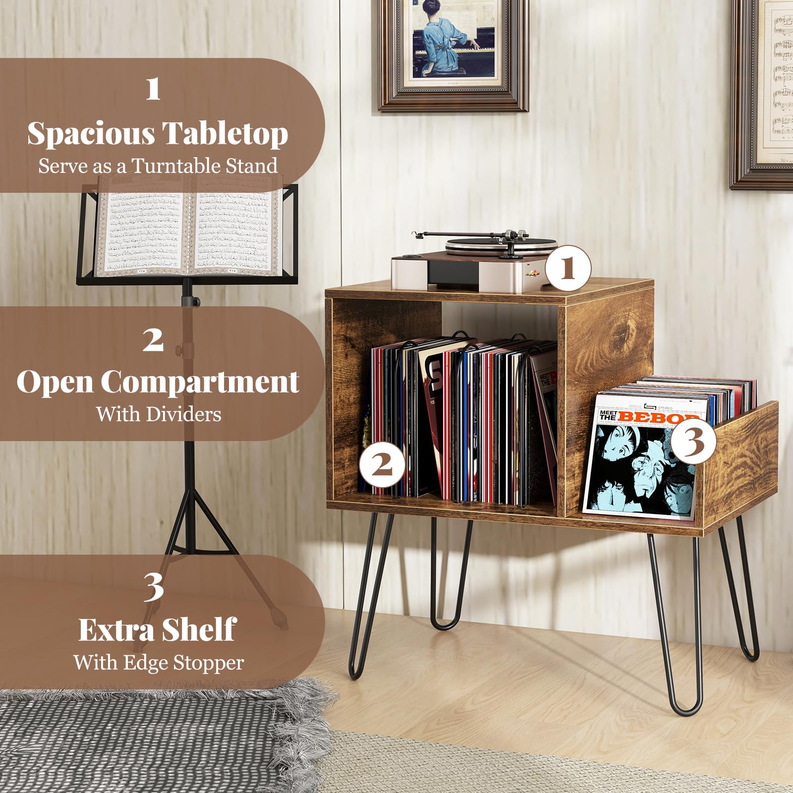 Giantex Record Player Stand with Charging Station, Turntable Stand with Vinyl Divider & Display Shelf
