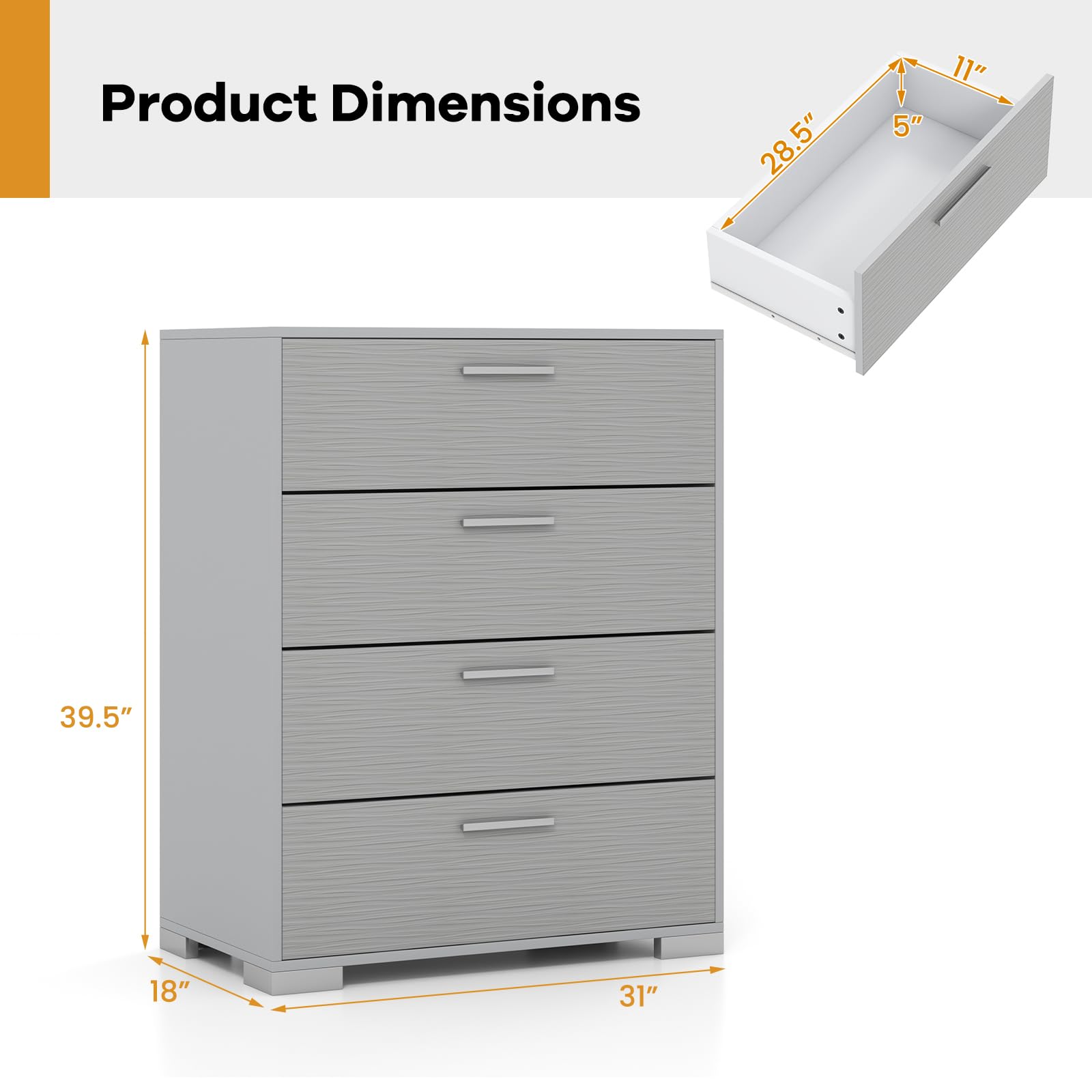 Giantex Storage Cabinet with 4 Drawers, Metal Legs & Handles, Anti-Toppling Devices, Tall Cabinet