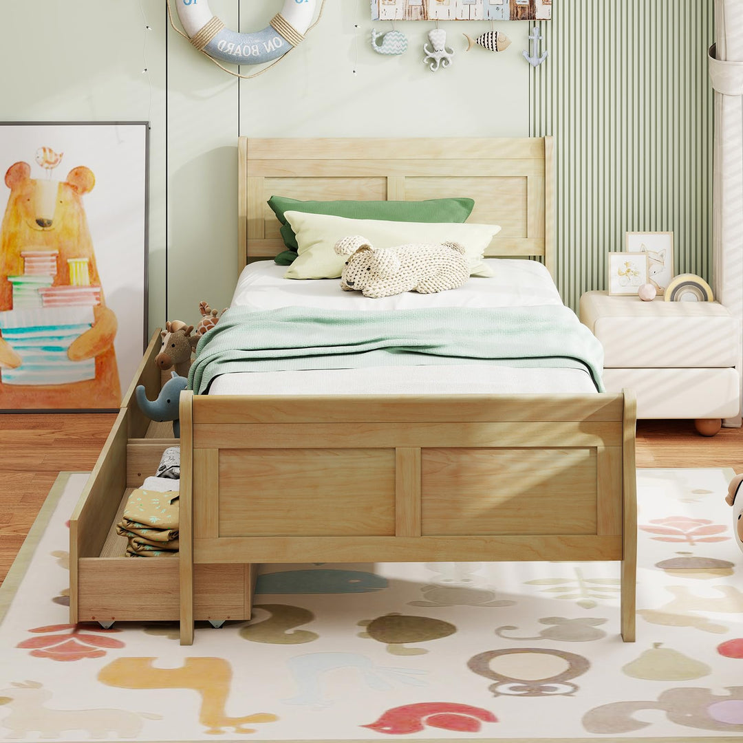 Giantex Twin Bed with 2 Storage Drawers Wood Platform Bed with Headboard & Footboard