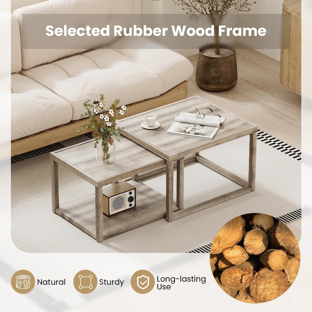 Giantex Nesting Coffee Tables Set of 2 with Storage Shelf Rubber Wood