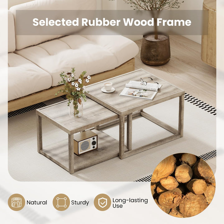 Giantex Nesting Coffee Tables Set of 2 with Storage Shelf Rubber Wood