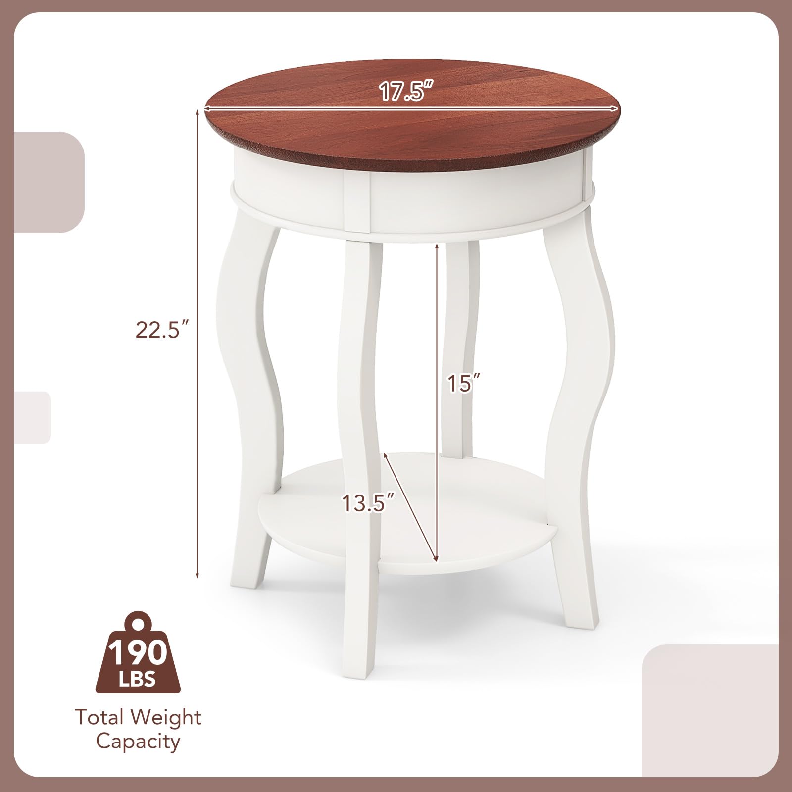 Giantex Farmhouse Round End Table, 2-Tier Sofa Side Table with Storage Shelf, Small Wooden Tea Table with Solid Rubber Wood Legs