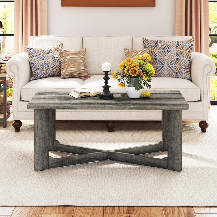 Giantex Farmhouse Wood Coffee Table Rectangle Center Table with X-Shaped Base & Rubber Wood Frame