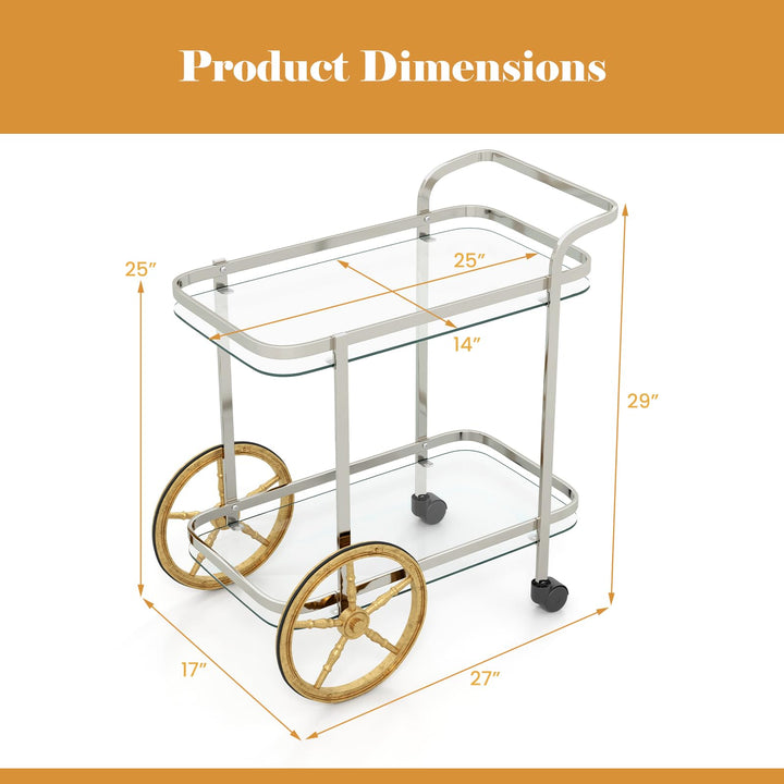 Giantex 2-Tier Bar Cart, Stylish Rolling Serving Cart w/Tempered Glass Shelves