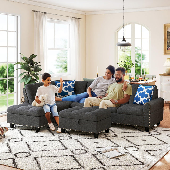 Giantex 98 Inches Sectional Sofa Couch with Movable Storage Ottoman and Linen Fabric Backs