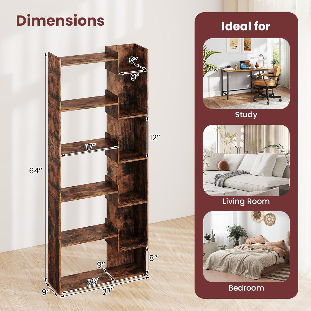 Giantex 6-Tier Bookshelf Wooden Bookcase with Staggered Shelves