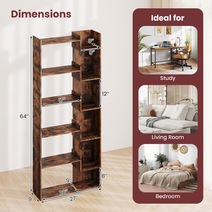 Giantex 6-Tier Bookshelf Wooden Bookcase with Staggered Shelves
