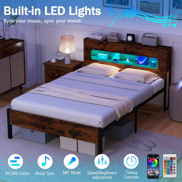 Giantex Full Size Bed Frame with LED Lights & Charging Station