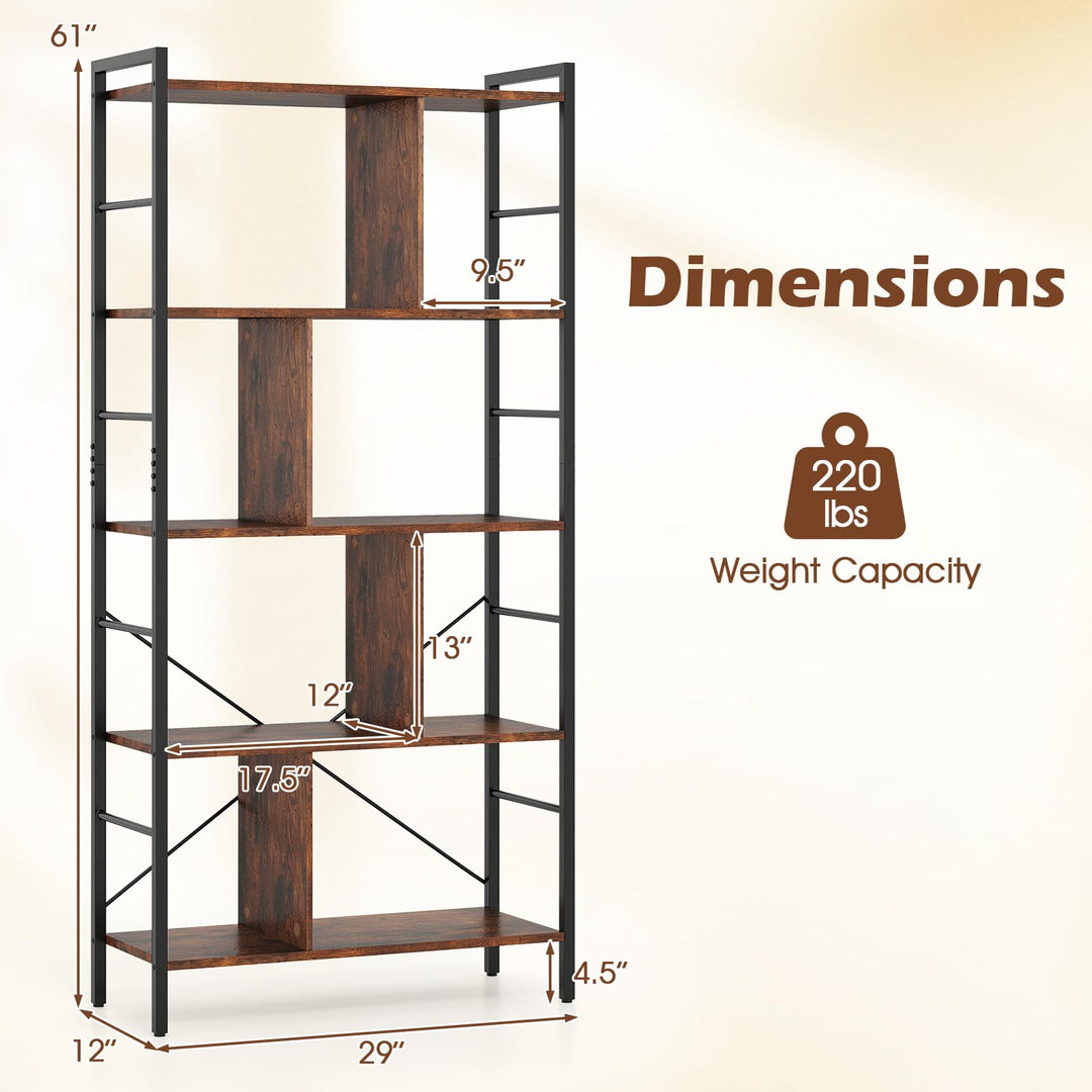 Giantex 5-Tier Tall Bookshelf 61" Industrial Bookcase w/Metal Frame