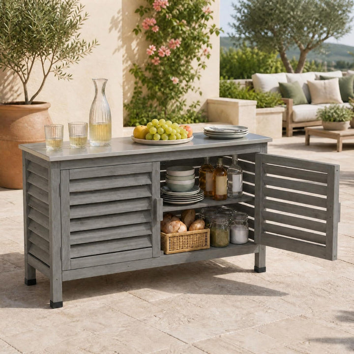 Giantex 2-Door Fir Wood Outdoor Cabinet with Stainless Steel Countertop