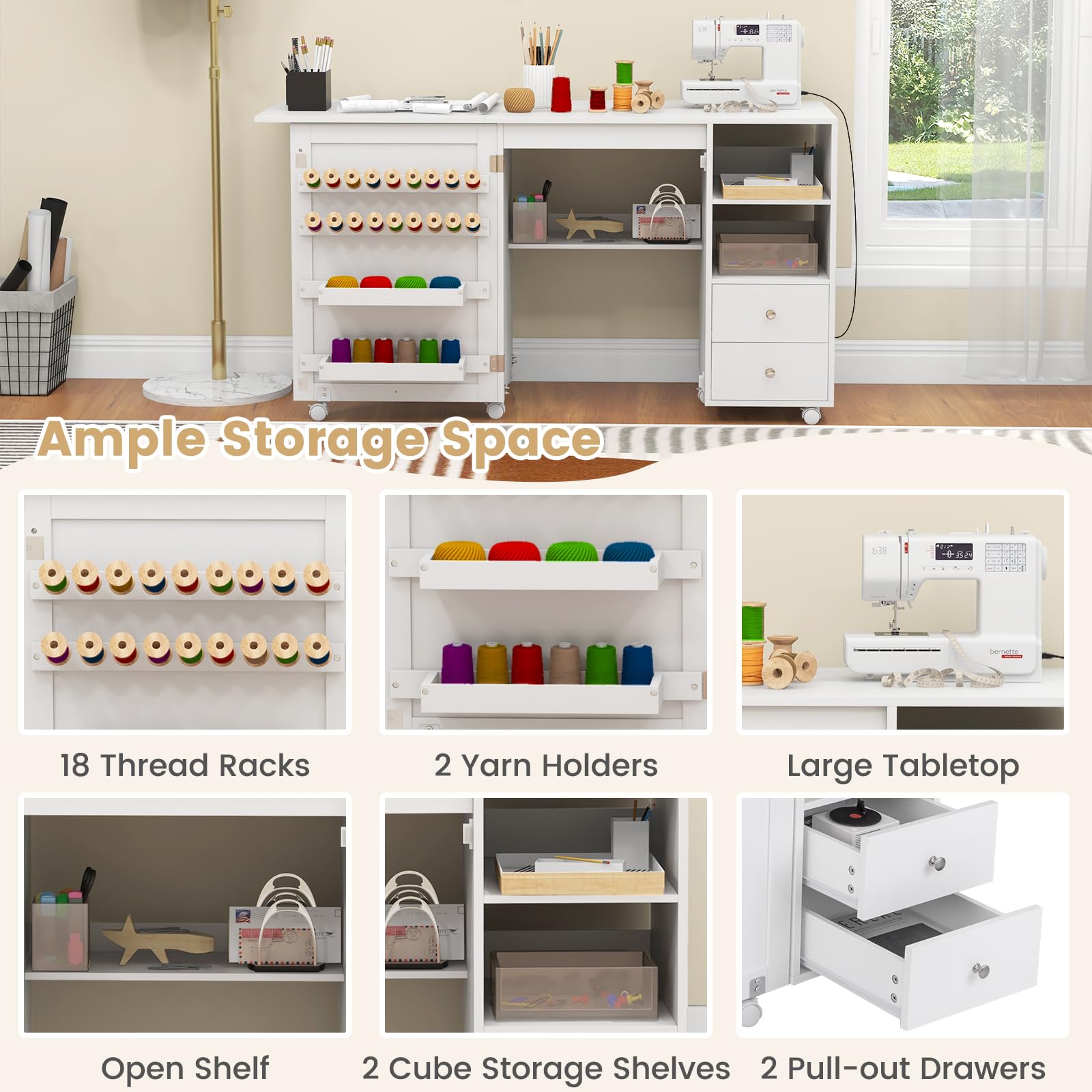 Giantex Folding Sewing Table with Charging Station, Rolling Craft Table with Storage Shelves and Drawers