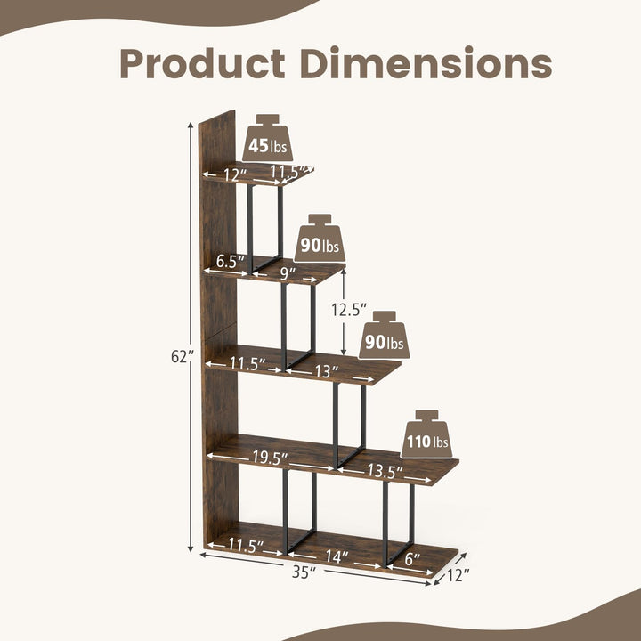 Giantex 5-Tier Stepped Bookshelf | 62" Tall Ladder Corner Bookcase W/Stable Metal Support