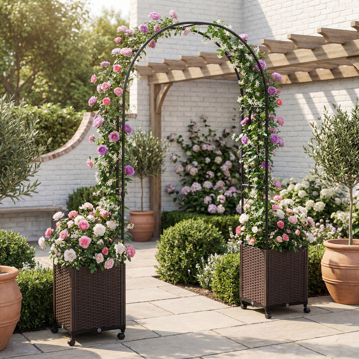 Giantex Metal Garden Arch Trellis Arbor with 2 Self-Watering Planter Boxes