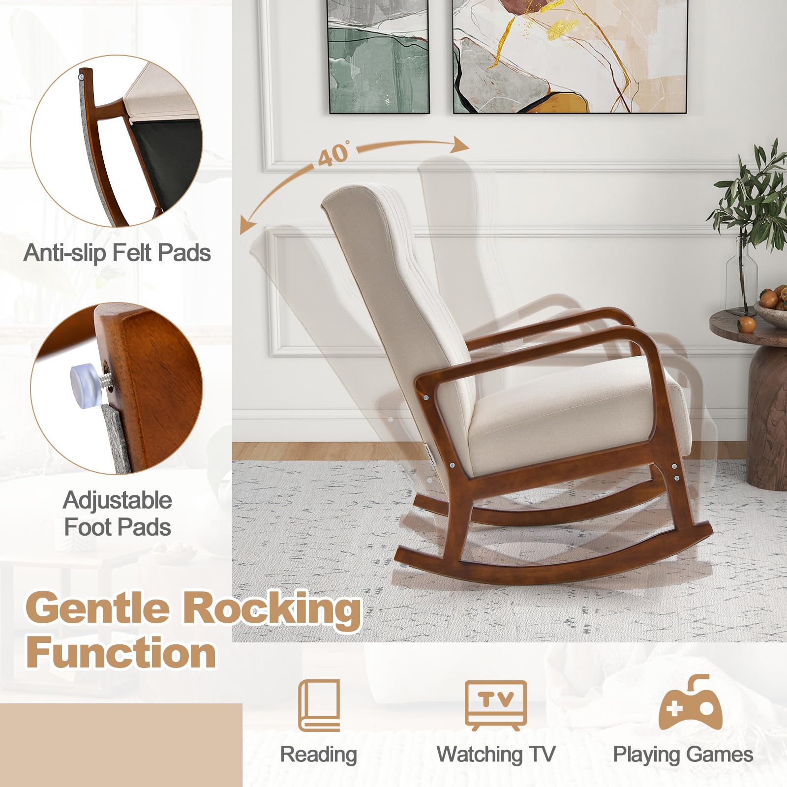 Giantex Rocking Chair with Ottoman, Upholstered Rocker Chair with Solid Rubber Wood Frame