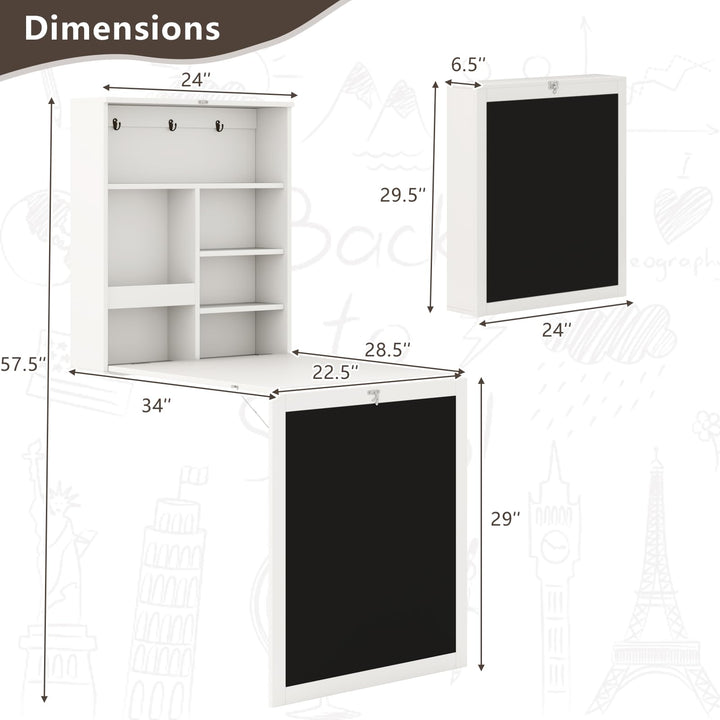 Giantex Foldable Wall Mounted Desk with Storage Shelves Hooks &amp; Chalkboard