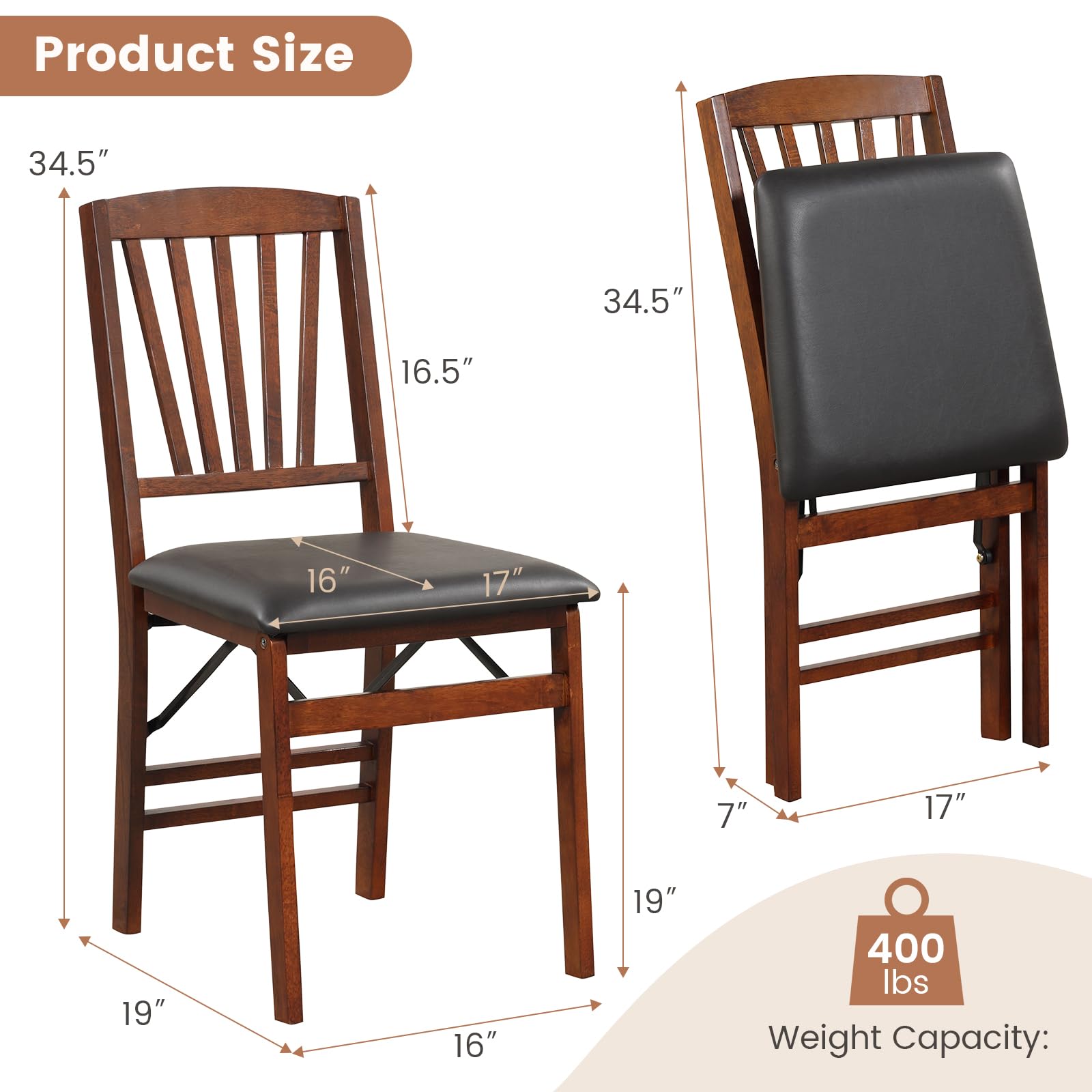 Giantex Folding Dining Chairs Set of 2, Foldable Wood Kitchen Chairs with Padded Seat