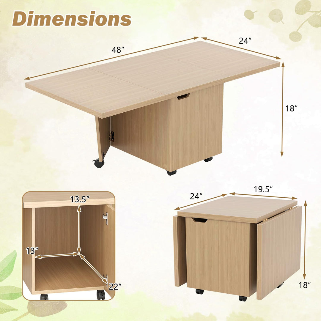 Giantex Folding Coffee Table 48 Inch Drop Leaf Extendable Center Table with Storage Cabinet & Wheels
