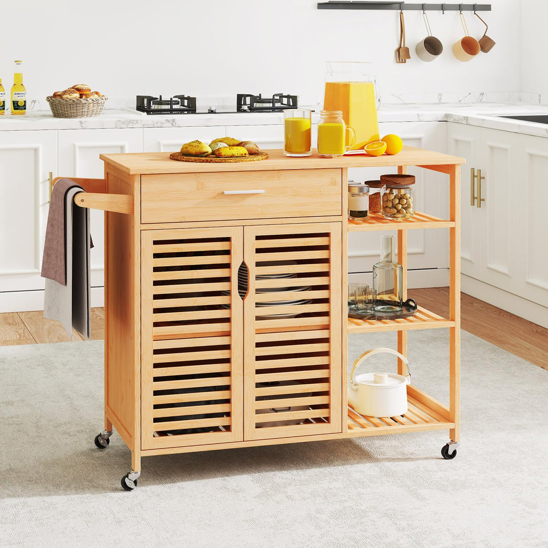 Giantex Bamboo Kitchen Island Cart with Drawer and Storage Cabinet