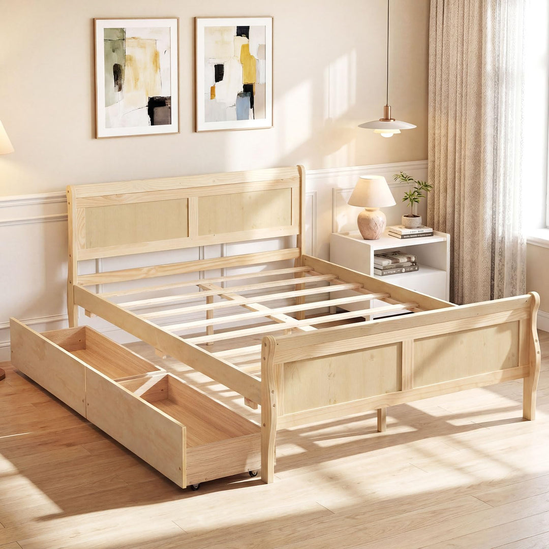 Giantex Twin/ Full/ Queen Bed with 2 Storage Drawers Wood Platform Bed with Headboard &amp; Footboard