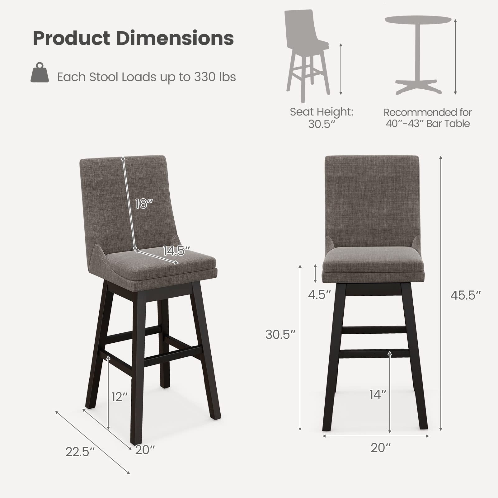 Giantex Bar Stools Set of 2, 30.5" Bar Height 360-degree Swivel Barstools with Rubber Wood Legs, Gray