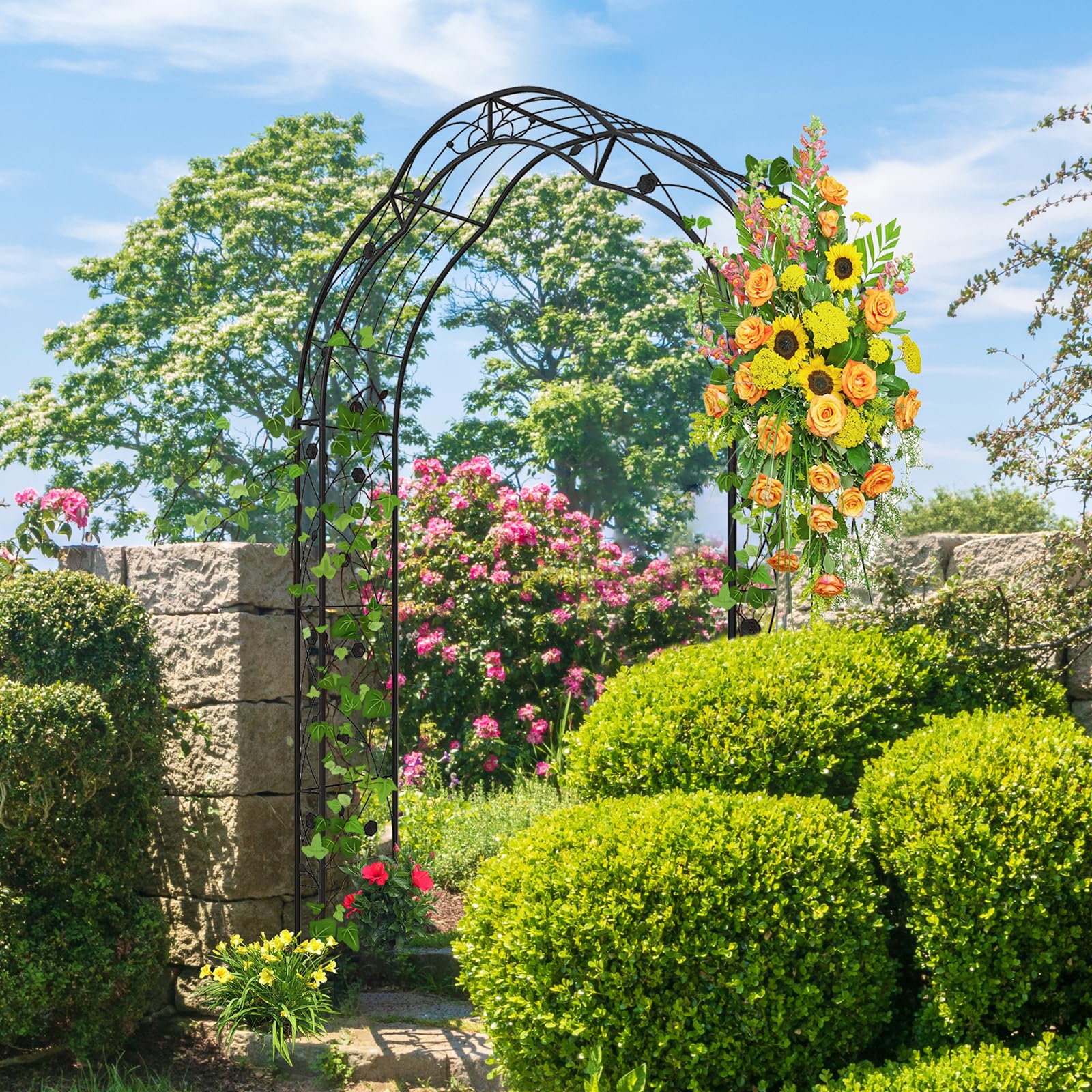 Giantex Garden Arch, 8.2 FT Metal Garden Arbor with 7 Sizes Combination and 6 Stakes