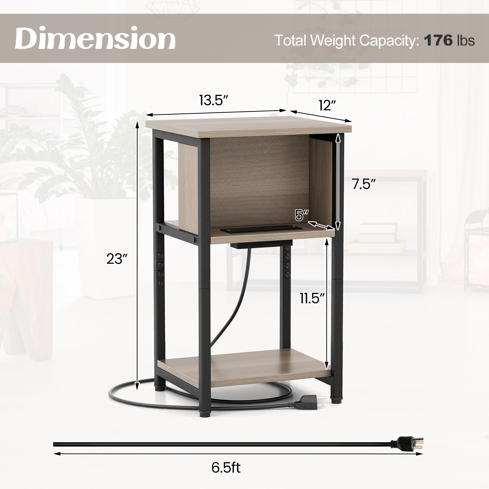 Giantex Nightstand with Charging Station, 3-Tier End Table with USB Ports & Power Outlets