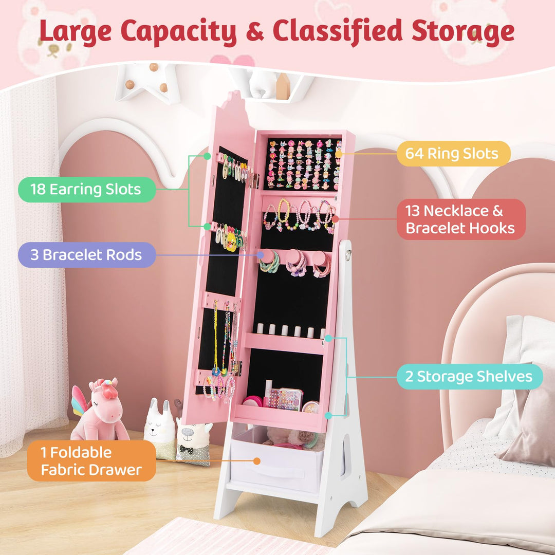 CHARMAID Kids Mirror Jewelry Cabinet - Standing Full Length Mirror with Jewelry Storage