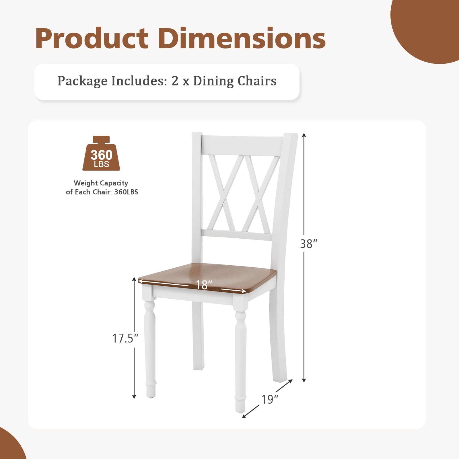 Giantex Dining Room Chairs Set of 2 White, Wooden Farmhouse Kitchen Chairs with Rubber Wood Seat