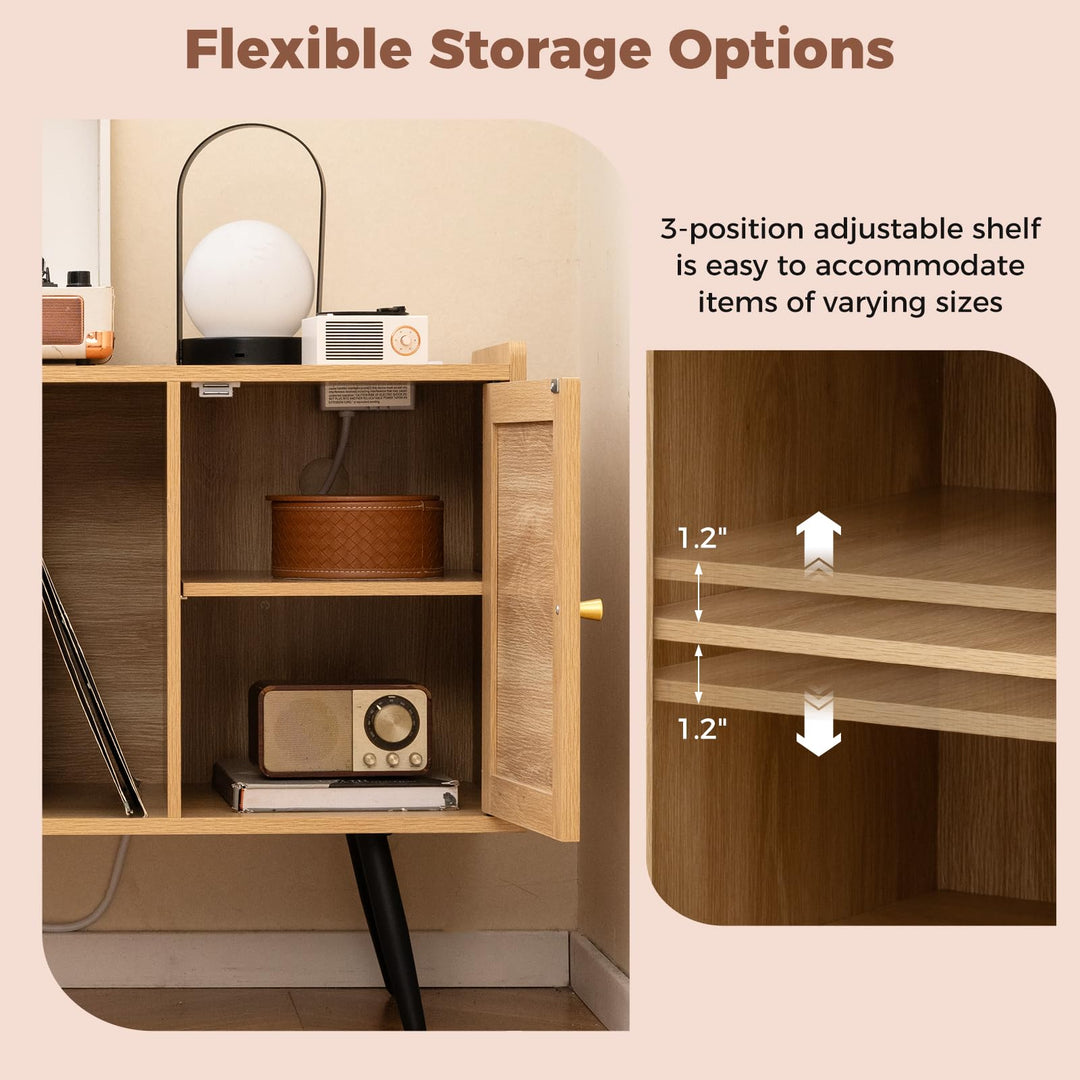Giantex Record Player Stand w/ Charging Station w/ Rattan Cabinet (Natural)