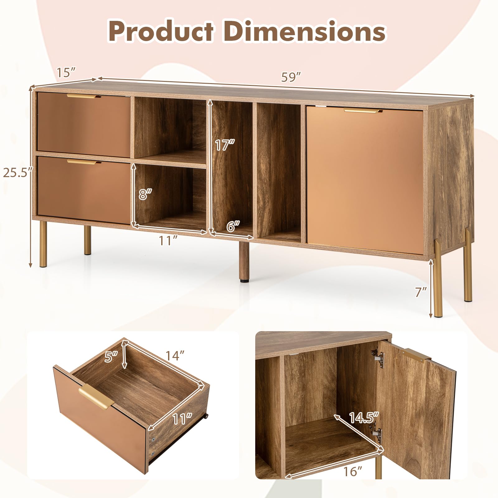 Giantex Mirrored Buffet Cabinet, Wooden Kitchen Sideboard Storage Cabinet w/2 Drawers & 1 Door Accent Cabinet