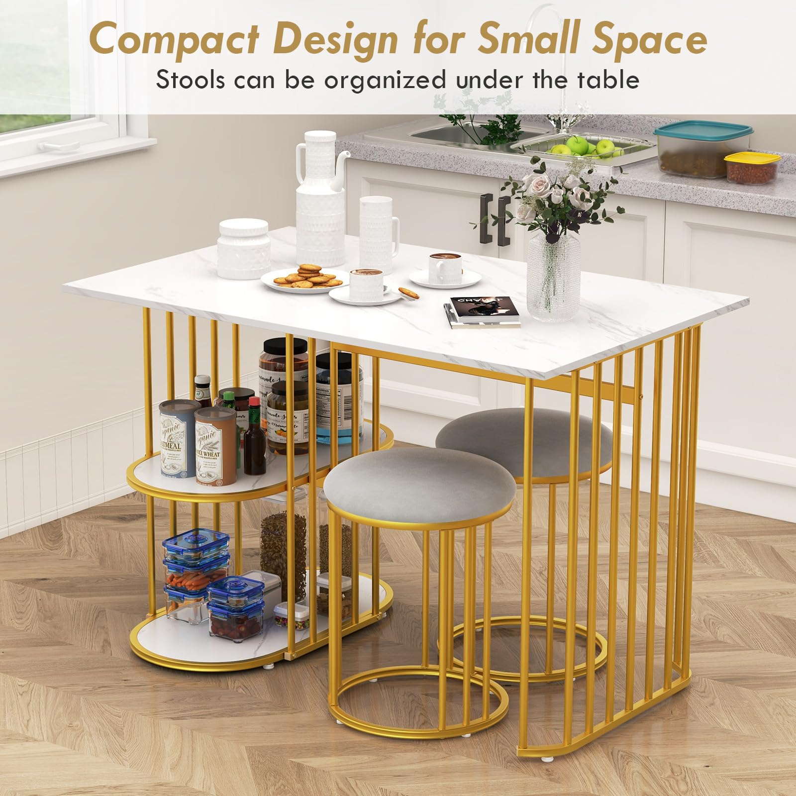 Giantex 3-Piece Dining Table Set for 2, Rectangular Kitchen Table with 2 Stools, 2-Tier Storage Shelf