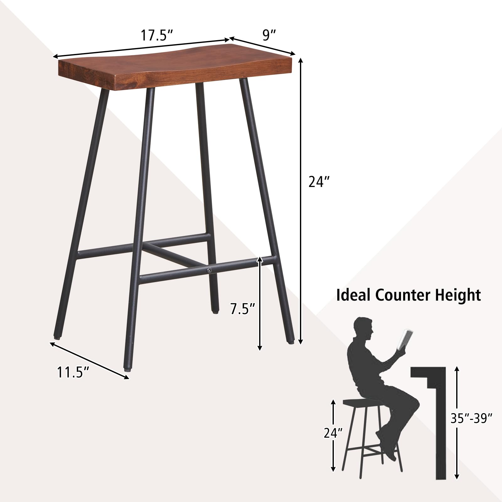 Giantex 24" Bar Stools Set of 2, Counter Height Bar Stools with Footrests, Solid Metal Legs